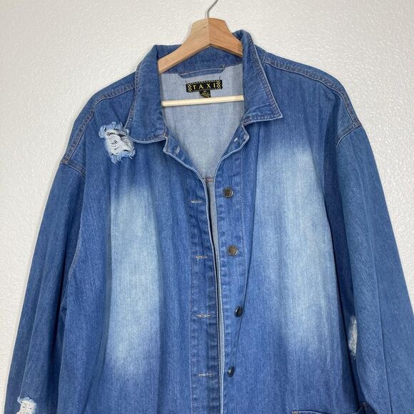 Taxi Denim Jacket Womens 3X Blue Distressed Longline Button Front Jean Coat - Picture 4 of 16
